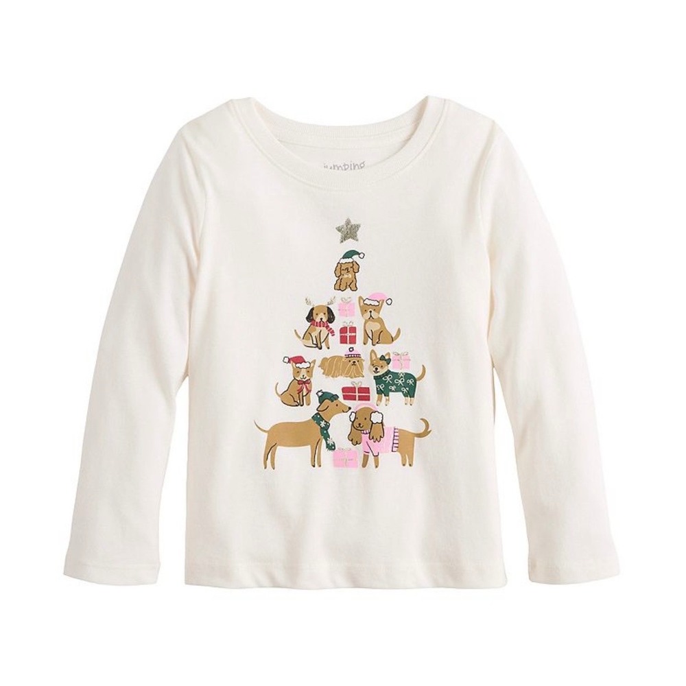 Jumping Beans Girls Christmas Dog Tree Long Sleeve Tee 8 Ivory Cotton‎ Blend NWT